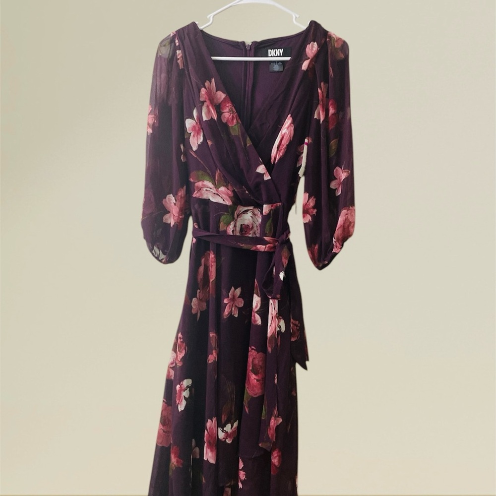 DKNY Red Wrap Sundress with Bishop Sleeves